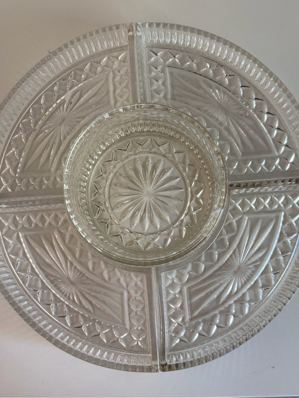 Pressed Glass Sectioned Serving Platter with Center Dip Bowl - Clear